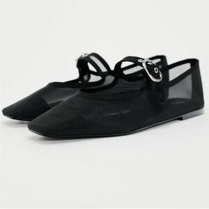 Zara Black Mesh Mary Jane Flats with Buckle Strap